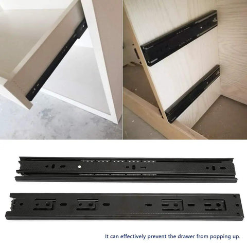 Premium Cold Rolled Steel Drawer Slides 35x45cm With Soft Close And Damping Buffer installed in cabinet and standalone view.