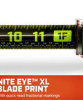Close-up of 35Ft ControlTouch Nite Eye Tape Measure With Anti-Pinch Finger Brake, Quick Read Fractional Markings, High Contrast XL Blade.