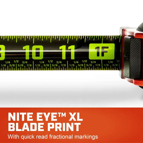 Close-up of 35Ft ControlTouch Nite Eye Tape Measure With Anti-Pinch Finger Brake, Quick Read Fractional Markings, High Contrast XL Blade.