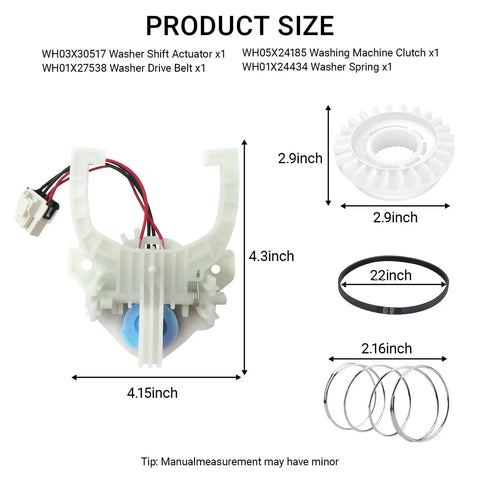 Washer Shift Actuator and Washing Machine Clutch Replacement Kit for GE GTW335ASN2WW GTW465ASN2WW GTW500ASN1WS GTW540ASP1WS size chart, 4.15in actuator, 2.9in clutch