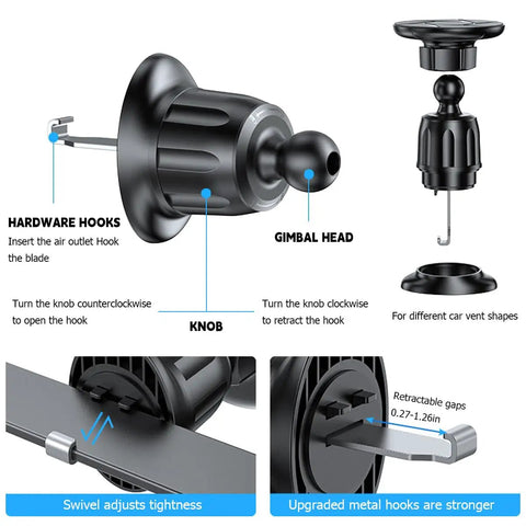 Zero Shake Car Phone Holder With Metal Hook Clip And Air Vent Cell Phone Mount features adjustable gimbal head and strong hardware hooks.