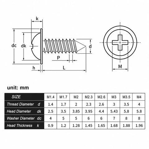 Technical drawing of Fifty Piece Black Oxide Phillips Wafer Head Self Tapping Screws for Plastics and Electronics with sizes.