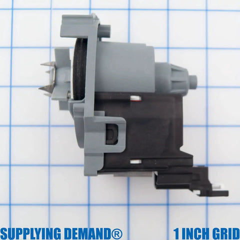 Side view of Dishwasher Drain Pump Replacement For W11497943 W11412663 Model Specific Fit, 120V 60Hz 0.65A 45W against a grid background.