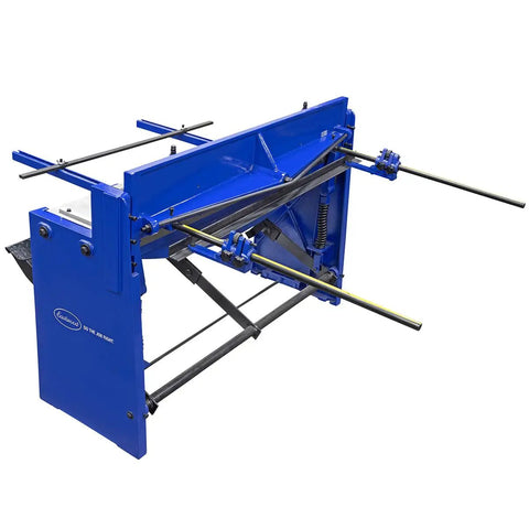 Heavy Duty Kickass Cast Iron Manual Stomp Shear Machine For Cutting Thick Sheet Metal And Aluminum Up To 14 Gauge With Razor Sharp Tool Steel Blades angled view showing cutting mechanism.