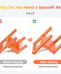 Comparison of 3D prints showing before and after using Space Pi X4 Filament Dryer For Four Spools With Space Pi X4 Storage Box Dual Heating Chambers.
