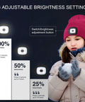 Girl wearing Hands Free LED Beanie With USB Rechargeable Headlamp For Kids Unisex Winter Knit Cap Lighted Hat Navy Blue Perfect For Camping Running Walking Night Safety And Fun Gifts in winter setting, with brightness settings chart.