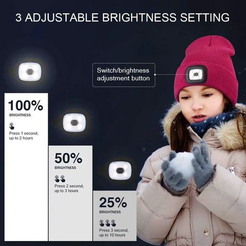 Girl wearing Hands Free LED Beanie With USB Rechargeable Headlamp For Kids Unisex Winter Knit Cap Lighted Hat Navy Blue Perfect For Camping Running Walking Night Safety And Fun Gifts in winter setting, with brightness settings chart.