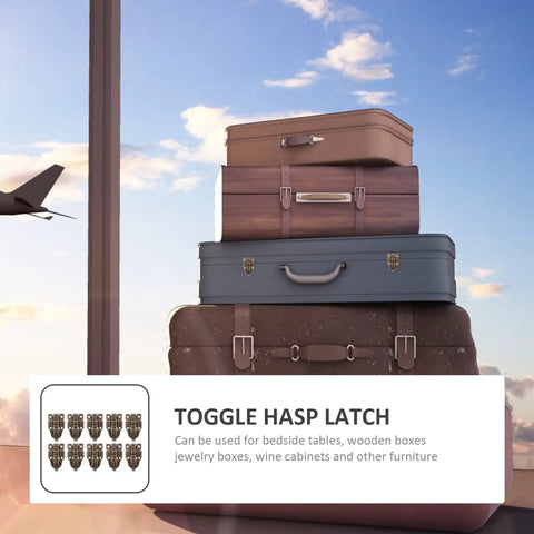 Stack of suitcases illustrating use for Retro Duckbilled Toggle Hasp Latch And Antique Padlock Kit For Small Jewelry Boxes And Cabinets Bronze Finish Iron Hardware Set For Jewelry Boxes Suitcases Toolboxes Trunks Chests And Trinket Boxes.