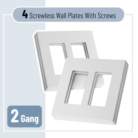 Screwless Decorator Wall Plates Two Gang White Covers 4 Pack No Visible Screws Clean Look Easy Install Durable Shatterproof