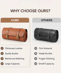 Comparison of two bike handlebar bags; "Ours" features thickened leather and sturdy buckle, "Others" has thin material and weak buckle.