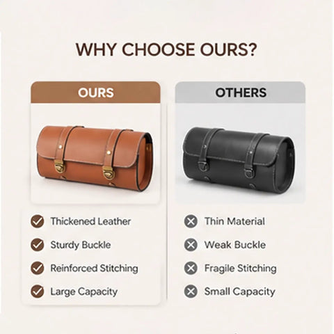 Comparison image of two leather bags, one brown with thickened leather and the other black with thin material, showing quality differences.