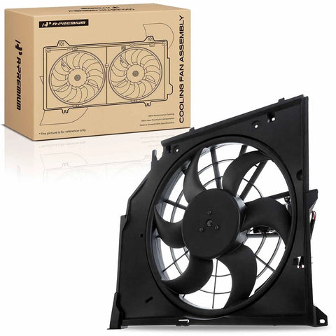 Top Tier High Output Engine Radiator Cooling Fan Assembly Oem Fitment Direct Bolt On For Bmw 3 Series 1998 To 2006 2.5L And 3.0L L6 Inline Six in black with 6 blades.