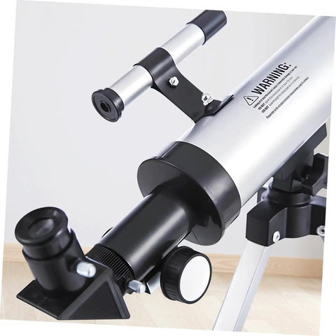 Close-up of Starter Refractor Telescope With Adjustable Tripod For Adults showing precision focusing system and silver aluminum body.