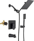 Black Bathtub And Shower Trim System Style 10 with dual shower heads, sleek black finish, for easy bathroom upgrade, includes faucet and valve.