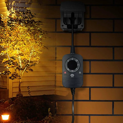 Programmable Outdoor Light Timer Featuring Automatic Dusk To Dawn Photocell Sensor and Flexible 2 4 6 8 Hour Cycles mounted on a wall.