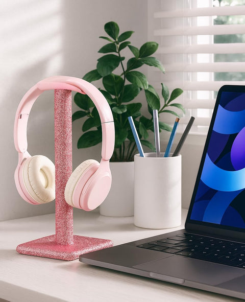 Pink Rhinestone Headphone Stand For Gamer Desk Setup With Soft Headrest Crystal Headset Holder Kawaii Bling Desk Accessory Cute Gift