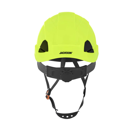 Front view of yellow Climbing Style Hard Hat With Chin Strap And Cup Non Vented Construction Helmet ANSI Z89 1 OSHA Compliant