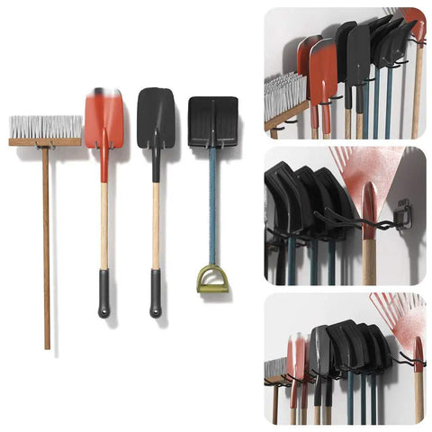 Heavy Duty 12 Inch Wave Garage Hooks 4 Pack Wall Mount Tool Organizer holding brooms and shovels on wall.