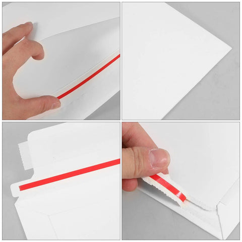 Rigid Self Seal Mailers 90 Pack White Cardboard Envelopes with Easy Seal and Strong Edges for Flat Mailing. Close-up of seal.