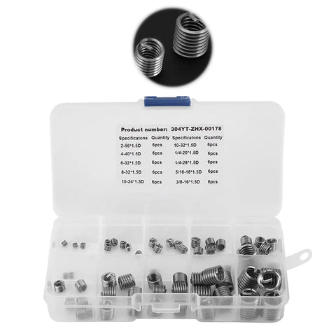 Wire Screw Sleeve Set, 60 Pieces, 304 Stainless Steel Thread Repair Inserts Kit with Plastic Box, various sizes shown