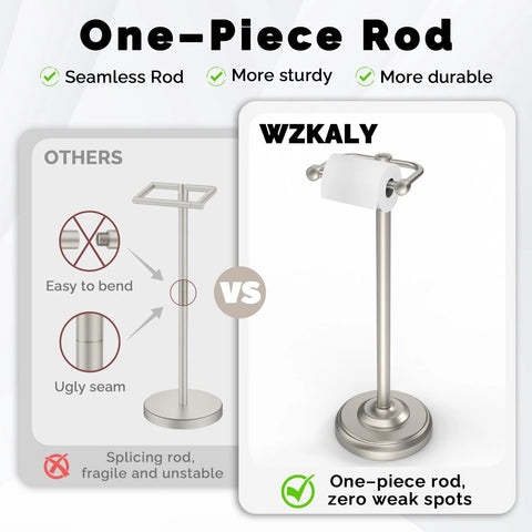 Comparison of one-piece rod free standing toilet paper holder with pivoting post, brushed nickel finish, heavy weighted base, versus others