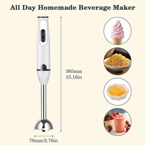 Top Shelf White Immersion Hand Blender Stick Mixer With 2 Speed Settings And Razor Sharp Stainless Steel Blades, 385mm tall.