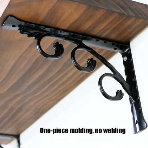 Heavy Duty Shelf Brackets With Hooks Pair Of Rock Solid Black Floating Wall Supports Rust Proof Aluminum Alloy One Piece Cast Construction for sturdy design and support.