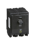QO350CP Circuit Breaker Black 2-Pole With Plug-On Design, Visi-Trip Indicator, shown at angle with safety features visible