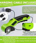 Cordless Electric Scissors With 2000mAh Rechargeable Battery And LED Light, charging cable and interface for easy charging.