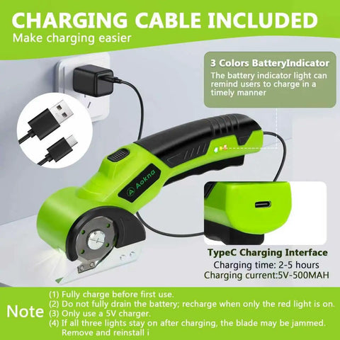 Cordless Electric Scissors With 2000mAh Rechargeable Battery And LED Light, charging cable and interface for easy charging.
