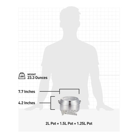 Size comparison of Stainless Steel Camping Pot Set for Backpacking, Nesting Pots 2L, 1.5L, 1.25L with universal lid.