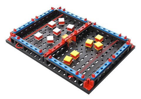 Slide Battle Building Kit With 102 Components For Big Kids And Adults Who Love To Build And Create, Ages 7 And Up, A Smart Expansion For Your Build Your Own Game Set, Perfect For Get Your Game On Competitive Play And Brain Boosting Fun. 102-piece plastic game board with red and blue lanes