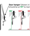 Diagram showing correct alignment of Derailleur Hanger 11 Rear Dropout For 11 Speed Bikes; hanger at 90° to rear axle