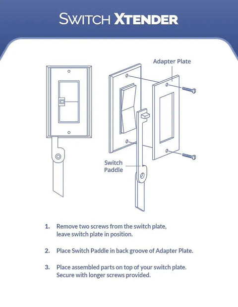 Diagram showing installation of Light Switch Extender For Kids 2 Pack With A 12 Inch Extension Handle Fits Decora And Rocker Style Switches
