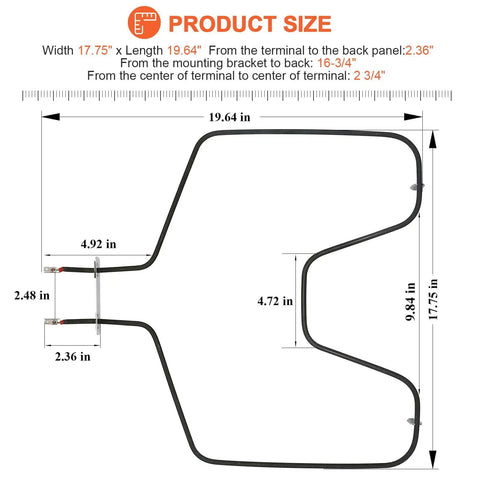 Diagram of WB44T10010 Oven Bake Element Replacement For GE Spectra with dimensions labeled for fitting JBP64BOH1WH, 911.95291990.
