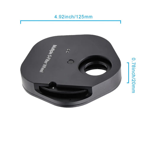 Five Position One Point Two Five Inch Filter Wheel For Telescope With Manual Drawer And Rotation Lock Ring shown in size