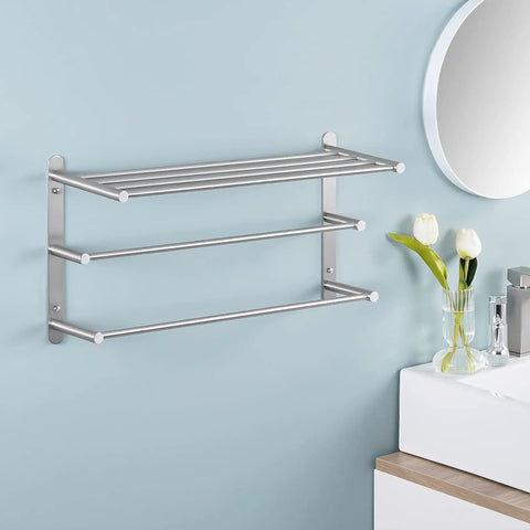 3 Tier Wall Mount Towel Rack With Double Bars 24 Inch Bathroom Storage Organizer In Brushed 304 Stainless Steel, mounted on wall