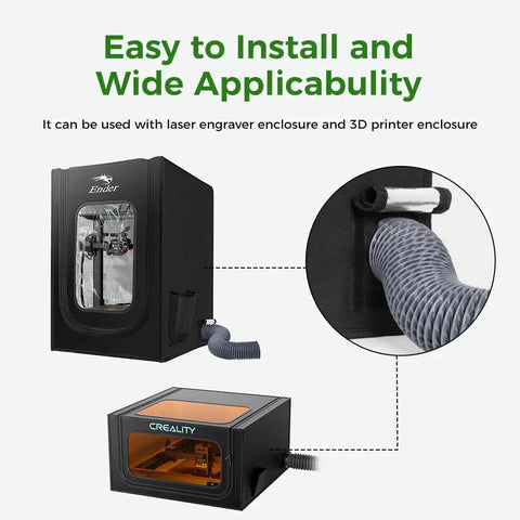 Fume Extraction Kit For 3D Printer Enclosures With 70mm Hose And 4000 RPM High Efficiency Ventilation Fan attached to enclosures