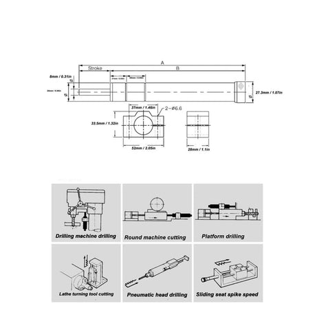 Technical diagram of Beefed Up Heavy Duty Pneumatic Hydraulic Damper 30mm Stroke 300kg Load Capacity Vibration Damping Shock Absorber