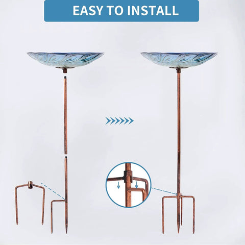 Glass Bird Bath On Metal Stake With Four Pronged Base For Stability Easy Assembly Outdoor Garden Bird Feeder Peacock Style holds water or bird seed