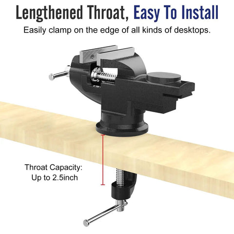 3 Inch Universal Swivel Base Table Vise With 360 Degree Rotation Portable Bench Clamp on table demonstrating lengthened throat.