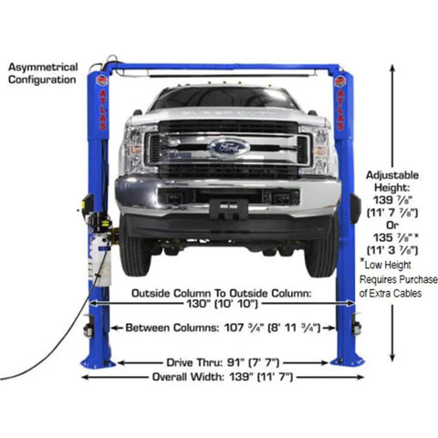 Pro Shop Workhorse Two Post Vehicle Overhead Lift Featuring Double S Shape Columns And Smooth Power Pump for auto techs adjusting height with a truck.