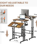 Mobile Split-Top Sit Stand Desk With Nifty Cup Holder, Smooth-As-Butter Manual Height Adjustment Knobs, Ergonomic Workstation For Killer Posture, Easy Transition Between Sitting And Standing Zero Hassle Setup For Home Office, shown with adjustable height measurements.