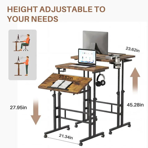 Mobile Split-Top Sit Stand Desk With Nifty Cup Holder, Smooth-As-Butter Manual Height Adjustment Knobs, Ergonomic Workstation For Killer Posture, Easy Transition Between Sitting And Standing Zero Hassle Setup For Home Office, shown with adjustable height measurements.