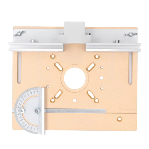 Beefy Aluminum Router Lift System With Stainless Steel Build And 47 Millimeter Rock Solid Precision For Shop Ready Woodworking Bench Router Plates And Engraver Machines In Matte Gold, top view with precision gauge.