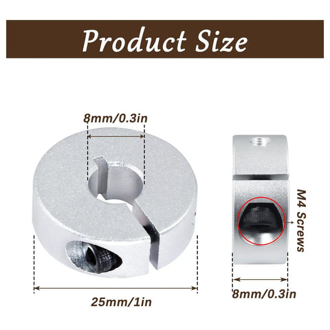 4 Pack 8mm Aluminum Shaft Collar Split Locking Collar Kit, One Piece Design, showing 8mm bore and 25mm outer diameter dimensions