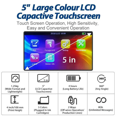 5" Large Colour LCD Capacitive Touchscreen for Heavy Duty Handheld Industrial Inkjet Printer with touch operation.