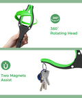 51-inch extra-long foldable reacher with 360° rotating head, green/black, magnetic tip.