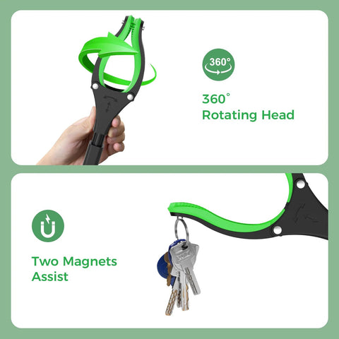 51-inch extra-long foldable reacher with 360° rotating head, green/black, magnetic tip.