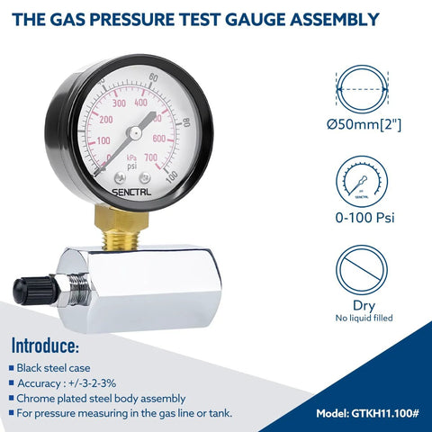 SenCTRL gas pressure test gauge, 2" dial, 0–100 psi, brass valve, chrome-plated steel body, 3/4" FNPT